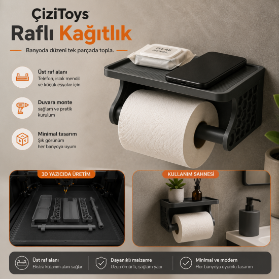 ÇiziToys mat siyah üst raflı modern tuvalet kağıdı tutucu